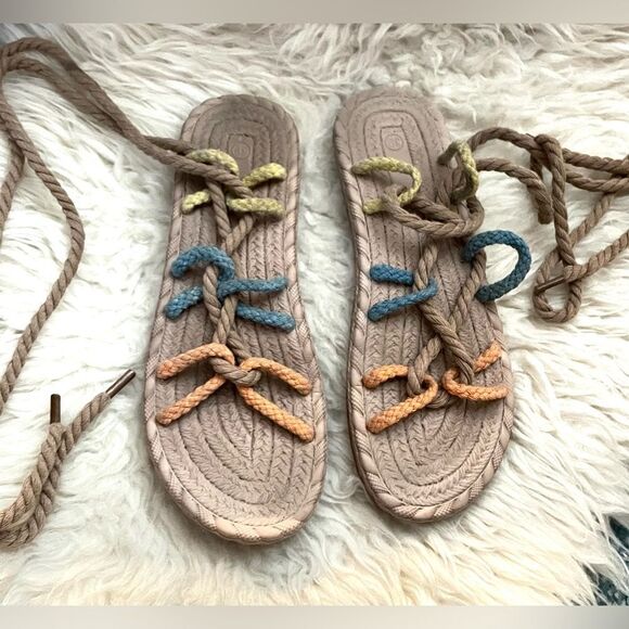 Ankle Tie Gladiator Sandals Multicolored Rope Ties 9 - Picture 2 of 5